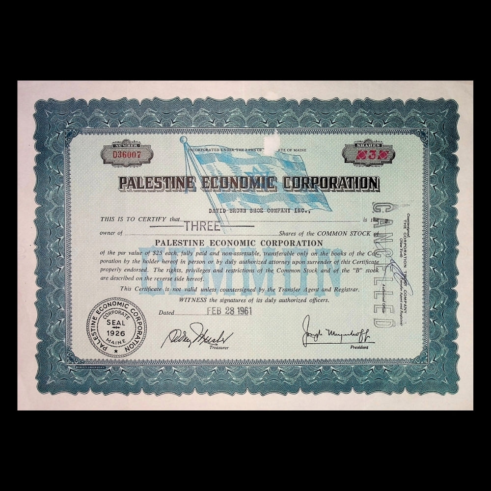 Palestine Economic Corporation Stock from 1960s with Israeli Flag