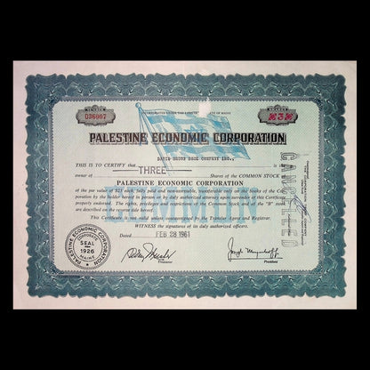 Palestine Economic Corporation Stock from 1960s with Israeli Flag