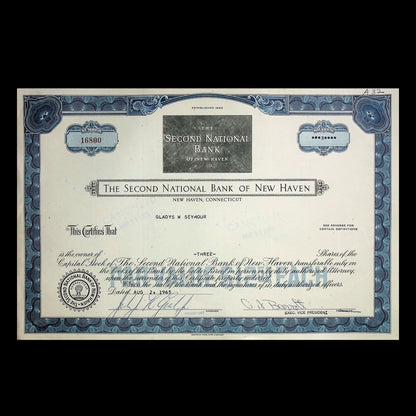 The Second National Bank of New Haven Stock Certificate from 1960s
