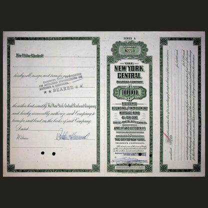 New York Central Railroad Company Bond (ft Grand Central Terminal) from 1960s - 3 Color Options