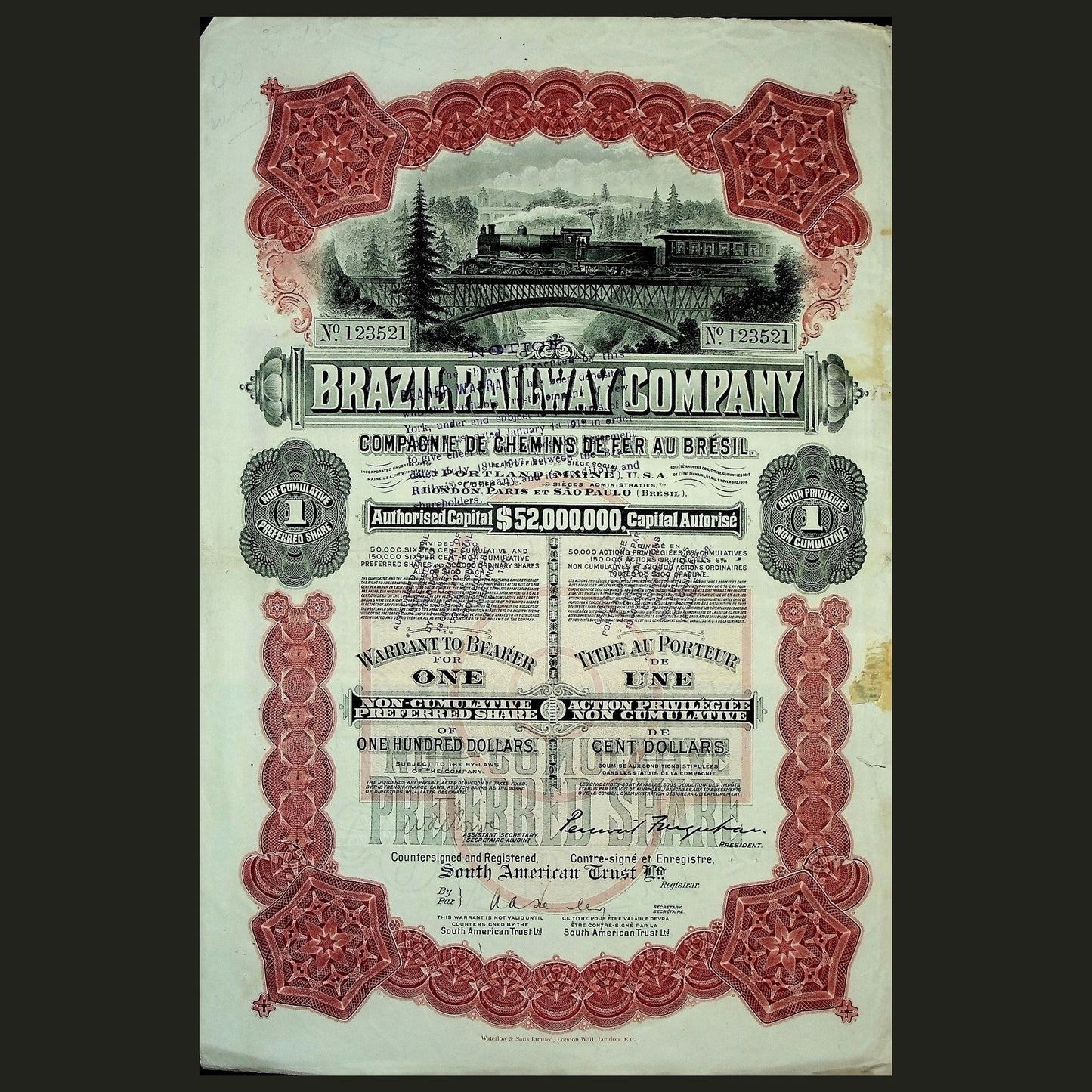 Brazil Railway Company Stock Certificate from 1919 with coupons