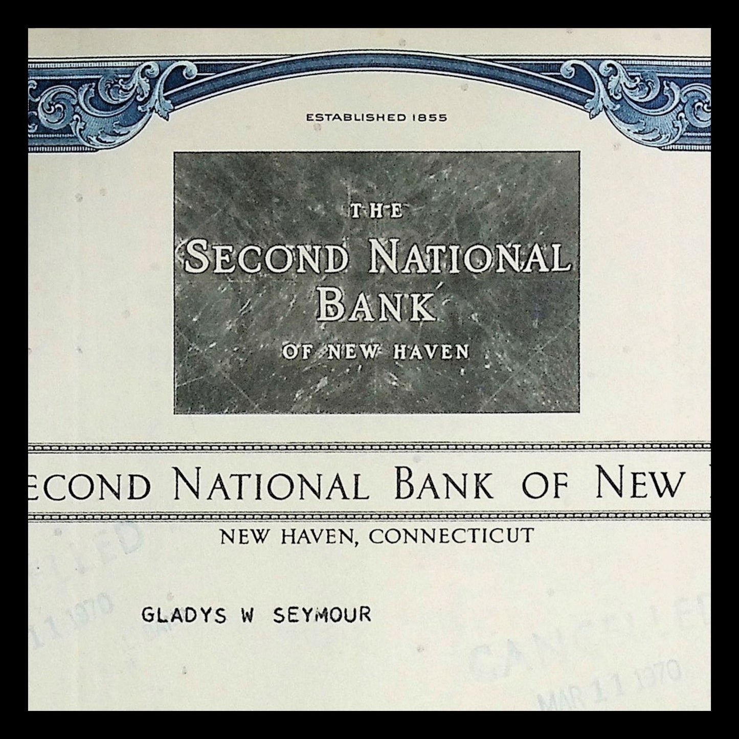 The Second National Bank of New Haven Stock Certificate from 1960s