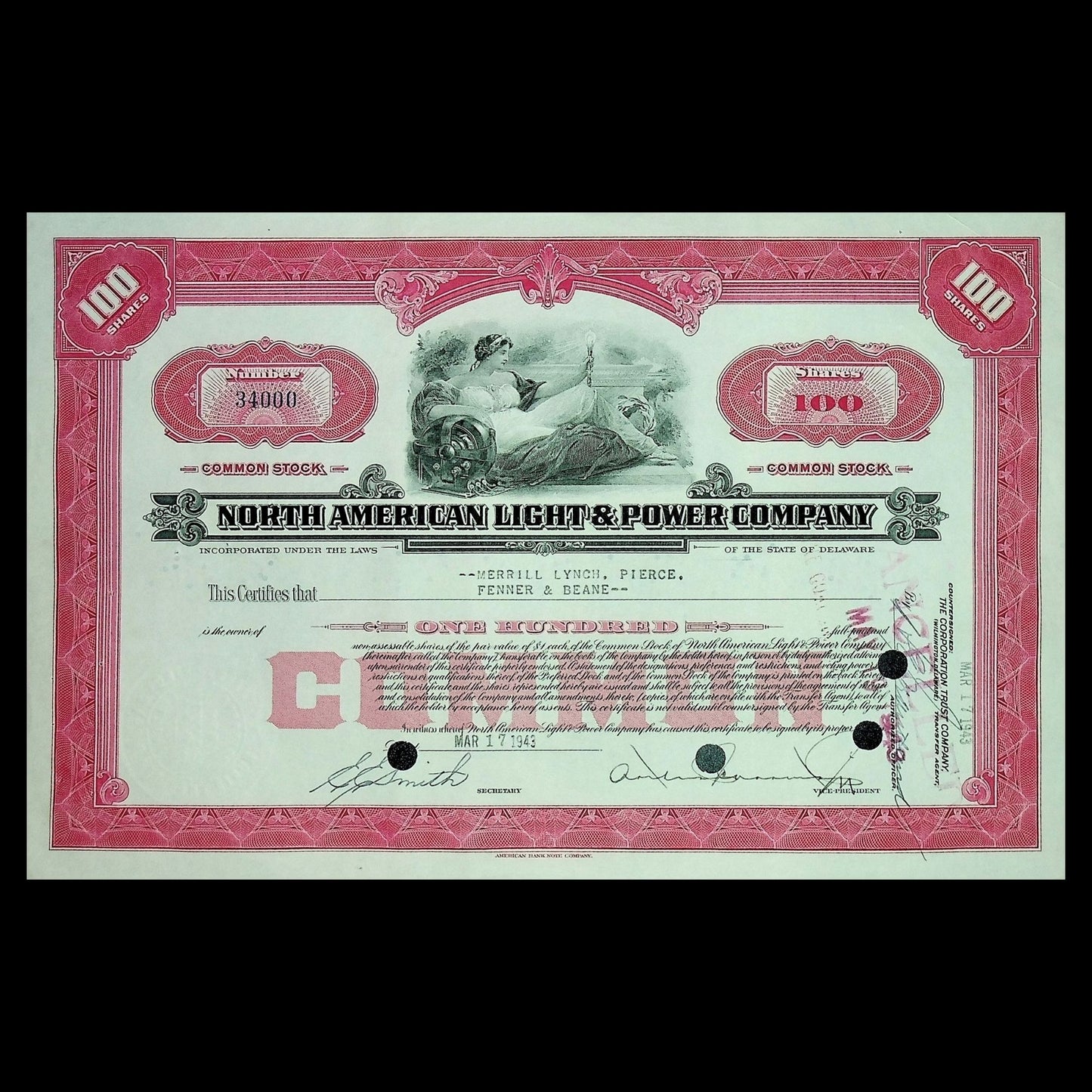 North American Light & Power Company (Indiana) Stock Certificate from 1943