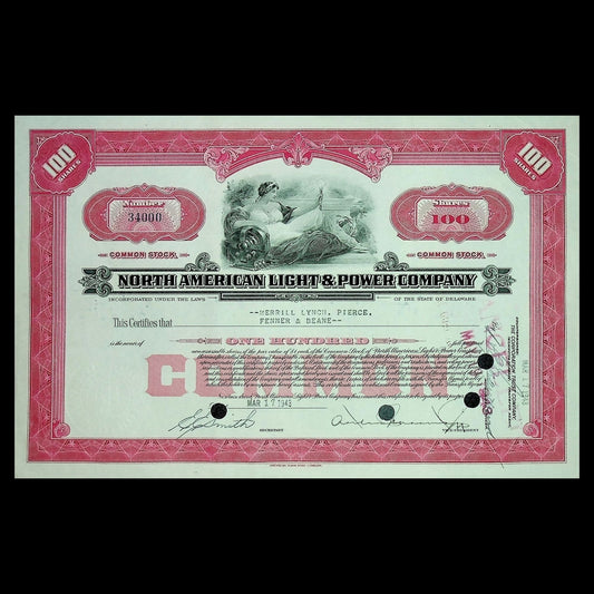 North American Light & Power Company (Indiana) Stock Certificate from 1943