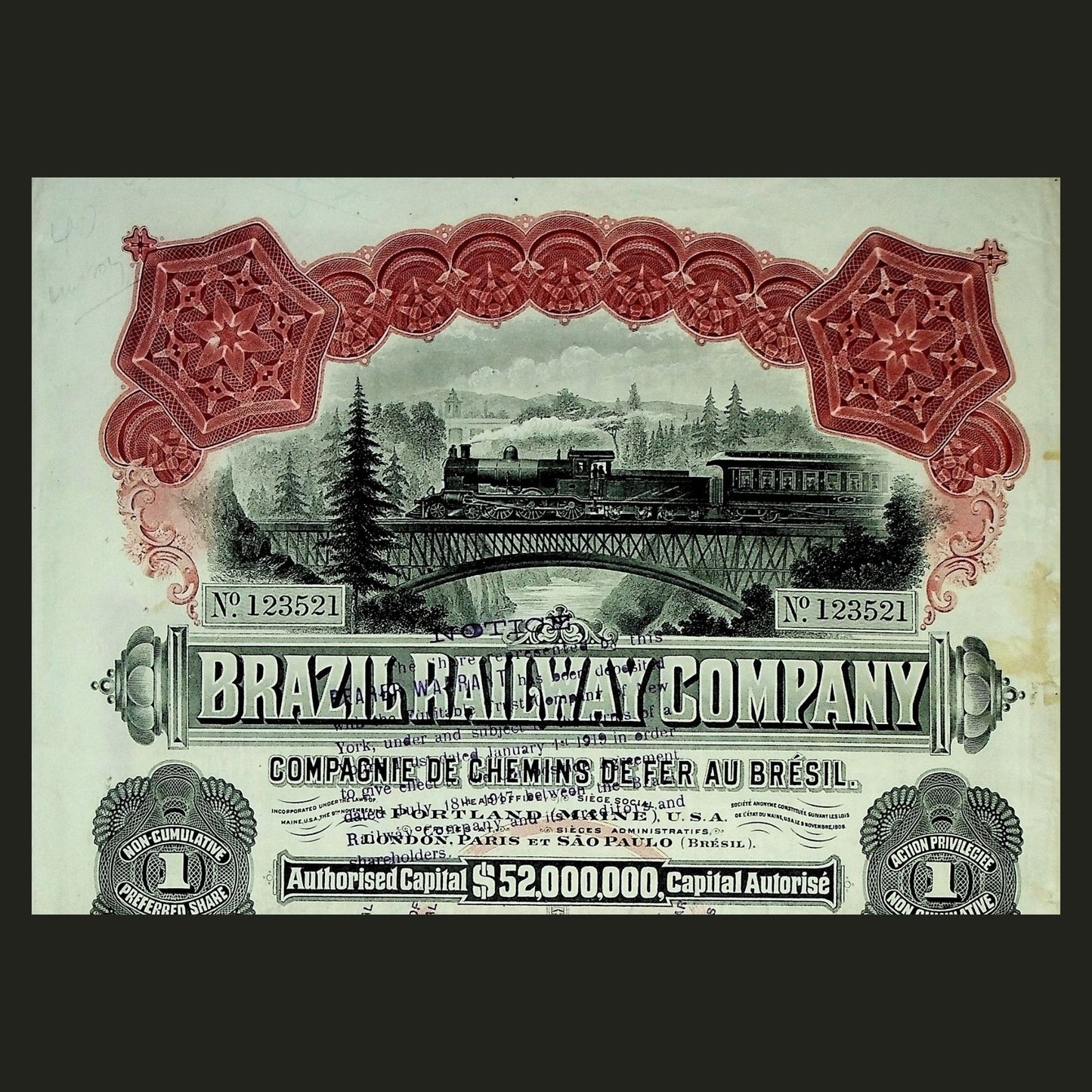 Brazil Railway Company Stock Certificate from 1919 with coupons