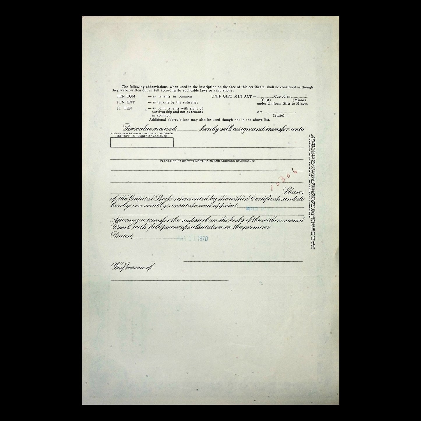 The Second National Bank of New Haven Stock Certificate from 1960s