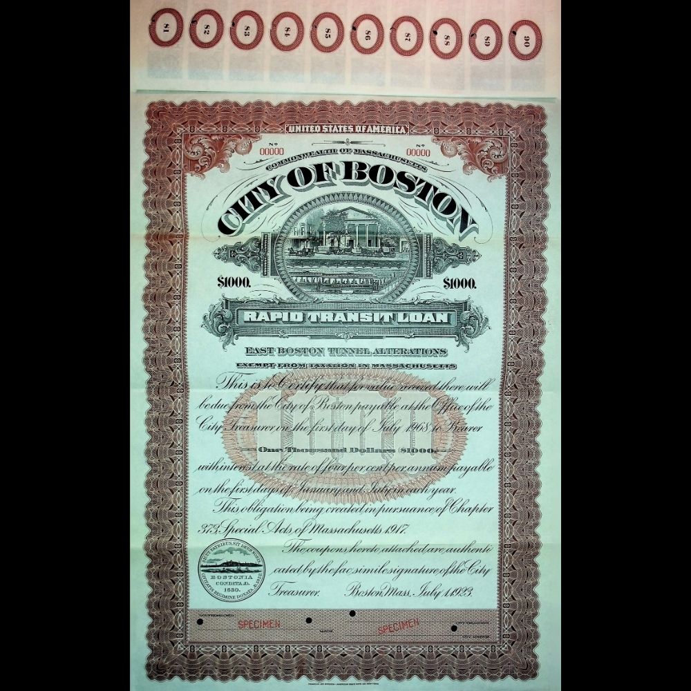 City of Boston Rapid Transit Specimen Bond Certificate 1920s