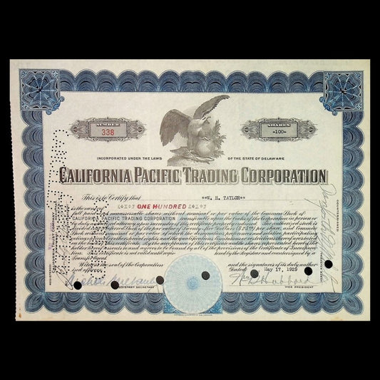 California Pacific Trading Corporation Stock Certificate from 1920s
