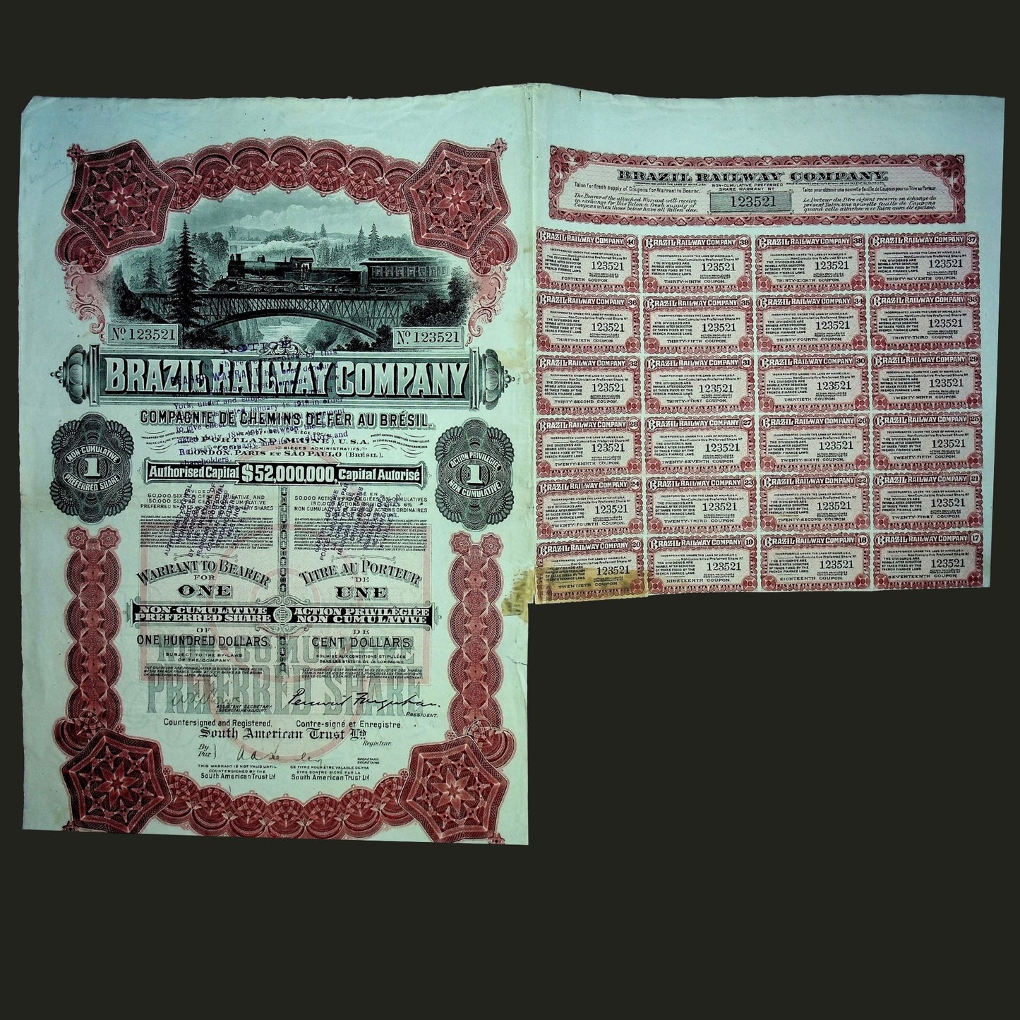 Brazil Railway Company Stock Certificate from 1919 with coupons