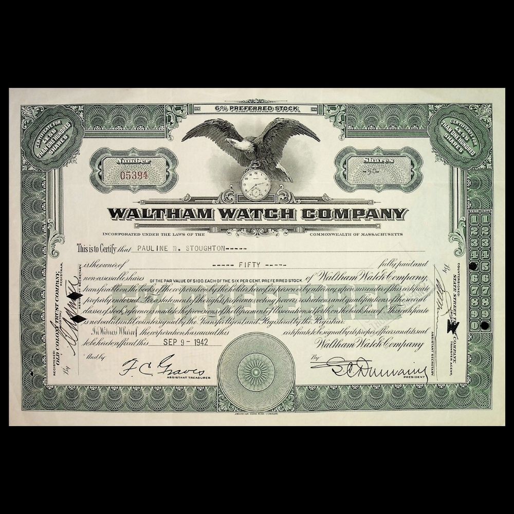 Waltham Watch Company Stock Certificate from 1940s