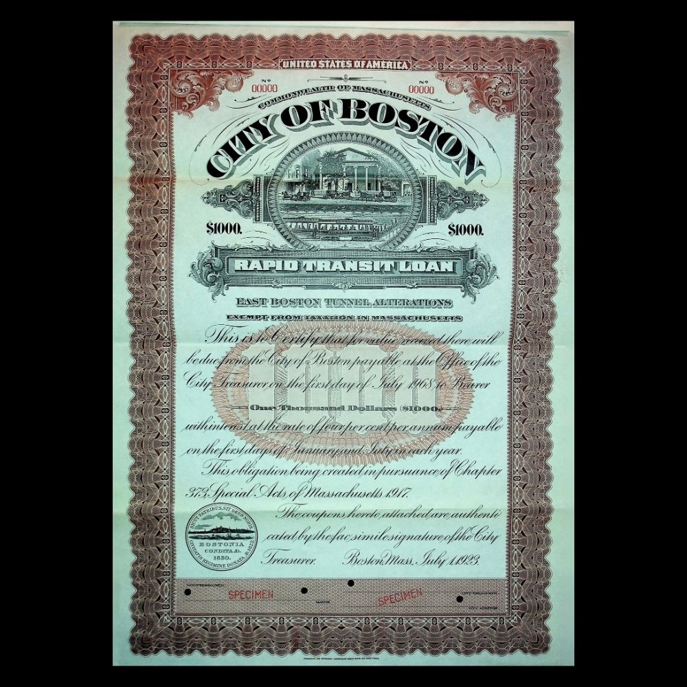 City of Boston Rapid Transit Specimen Bond Certificate 1920s