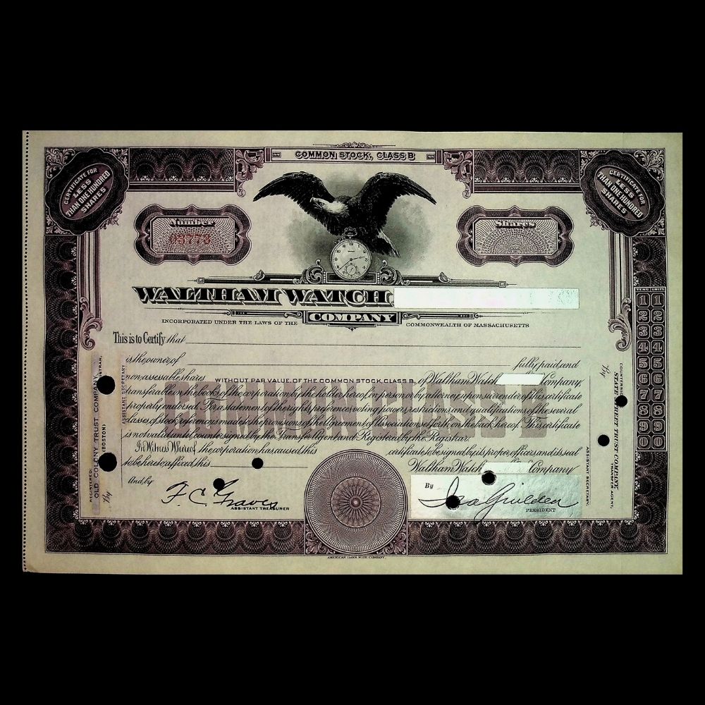 Waltham Watch Company Stock Certificate from 1940s