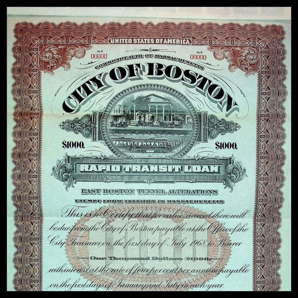 City of Boston Rapid Transit Specimen Bond Certificate 1920s