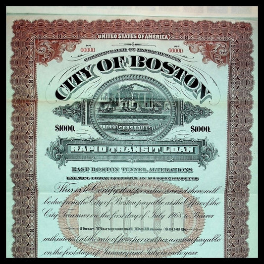 City of Boston Rapid Transit Specimen Bond Certificate 1920s