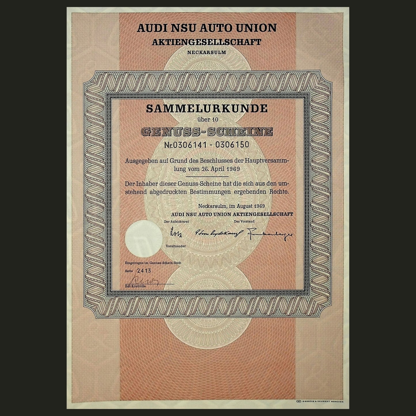 Audi NSU Auto Union (Now VW) Participation Stock Certificate in German from 1969