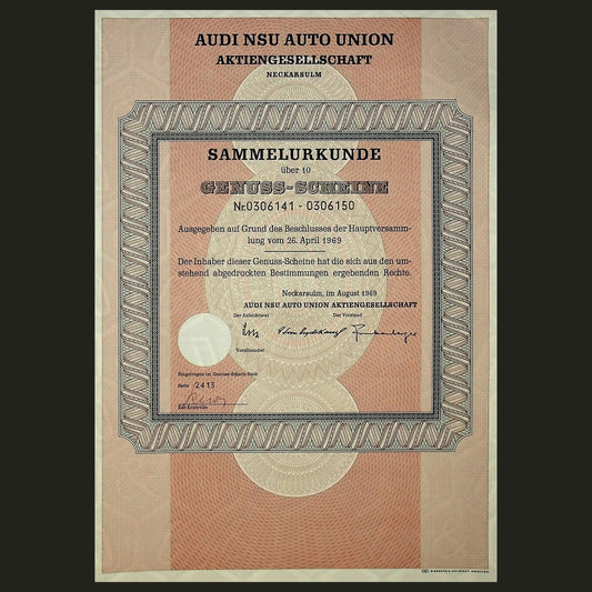 Audi NSU Auto Union (Now VW) Participation Stock Certificate in German from 1969