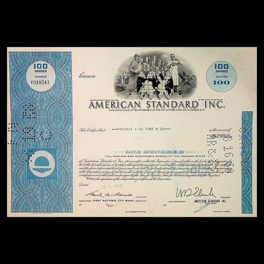 American Standard Inc (Plumbing & HVAC) Stock Certificate from 1960s