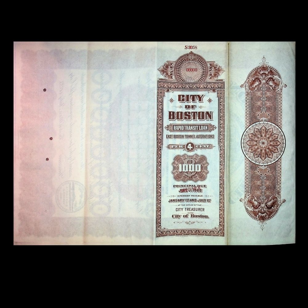 City of Boston Rapid Transit Specimen Bond Certificate 1920s
