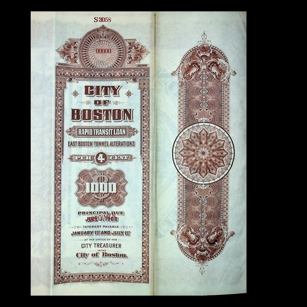 City of Boston Rapid Transit Specimen Bond Certificate 1920s
