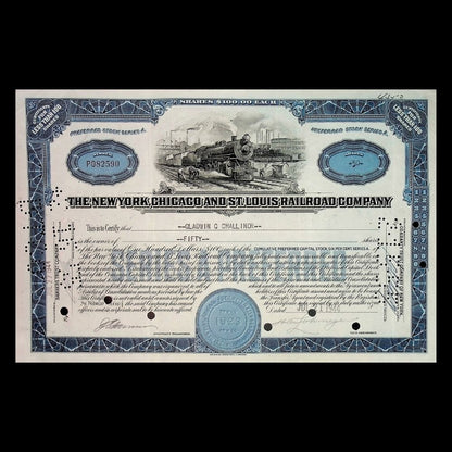 New York, Chicago and St. Louis Railroad Company Stock Certificate from 1940s