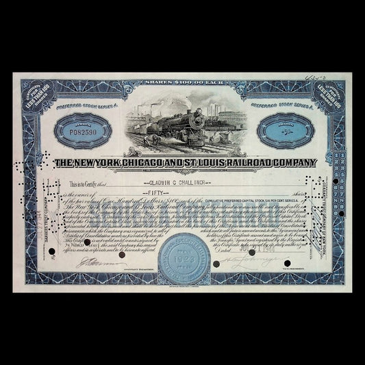 New York, Chicago and St. Louis Railroad Company Stock Certificate from 1940s