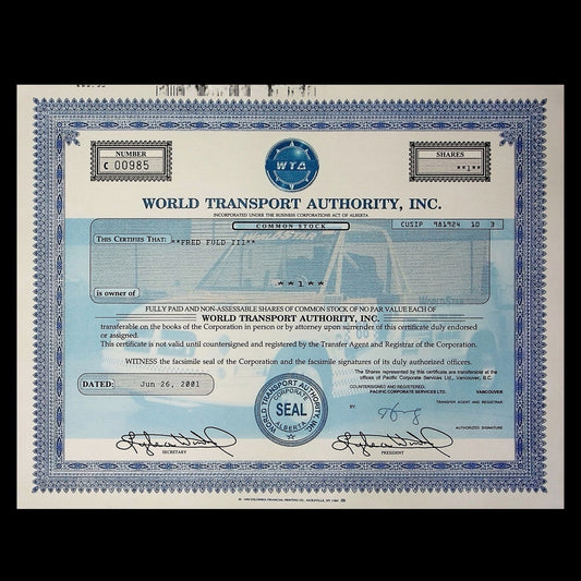 World Transport Authority, Inc Stock Certificate from 2001