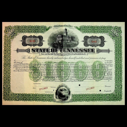 Specimen certificate of the State of Tennessee with decorative elements and text.