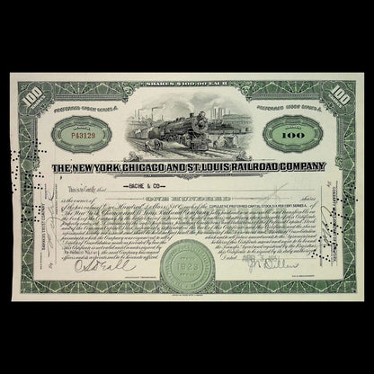 New York, Chicago and St. Louis Railroad Company Stock Certificate from 1940s