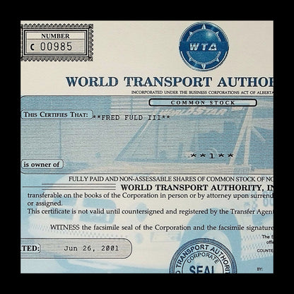 World Transport Authority, Inc Stock Certificate from 2001