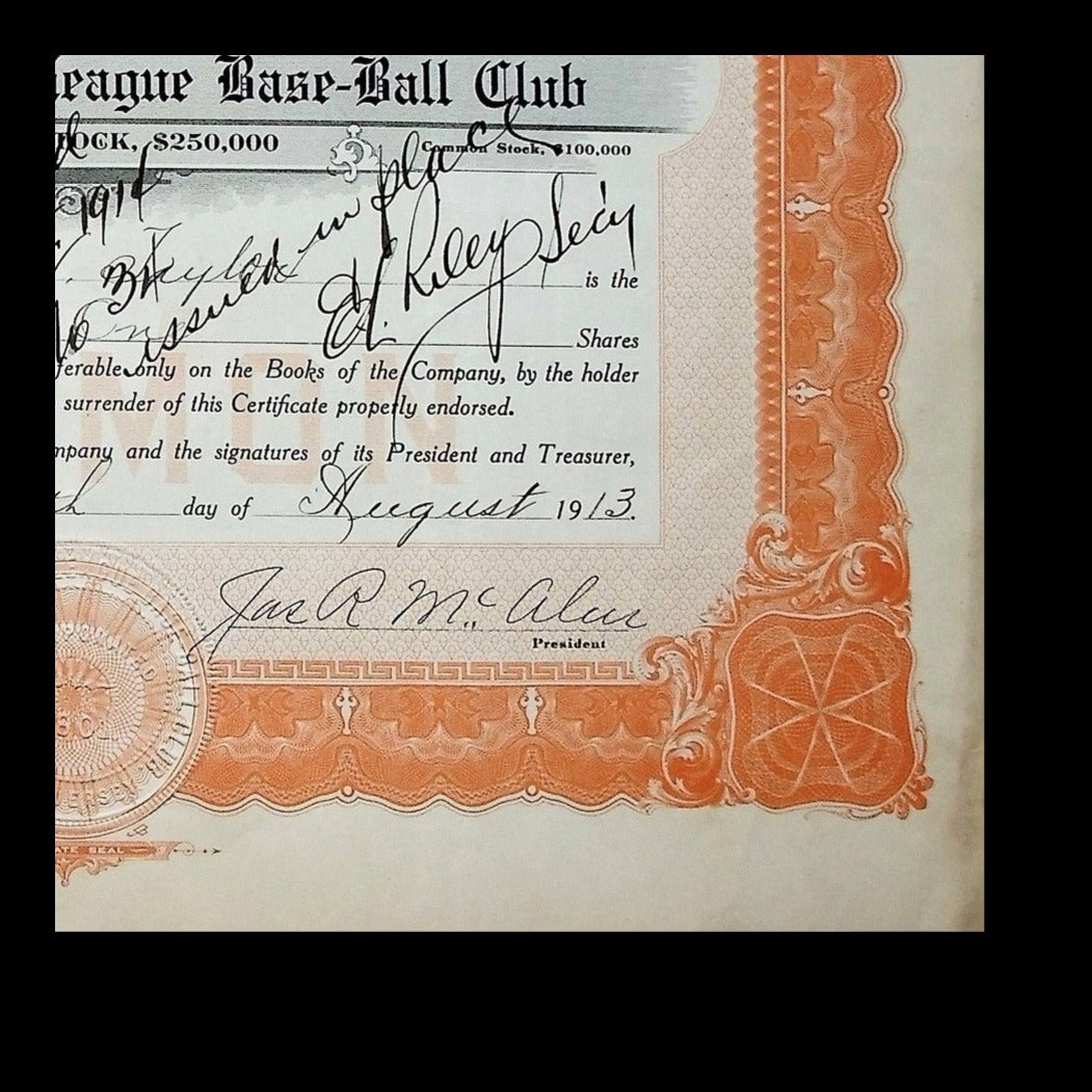 Boston American League Base-Ball Club Stock Certificate from 1913 - Signed by James McAleer Red Sox
