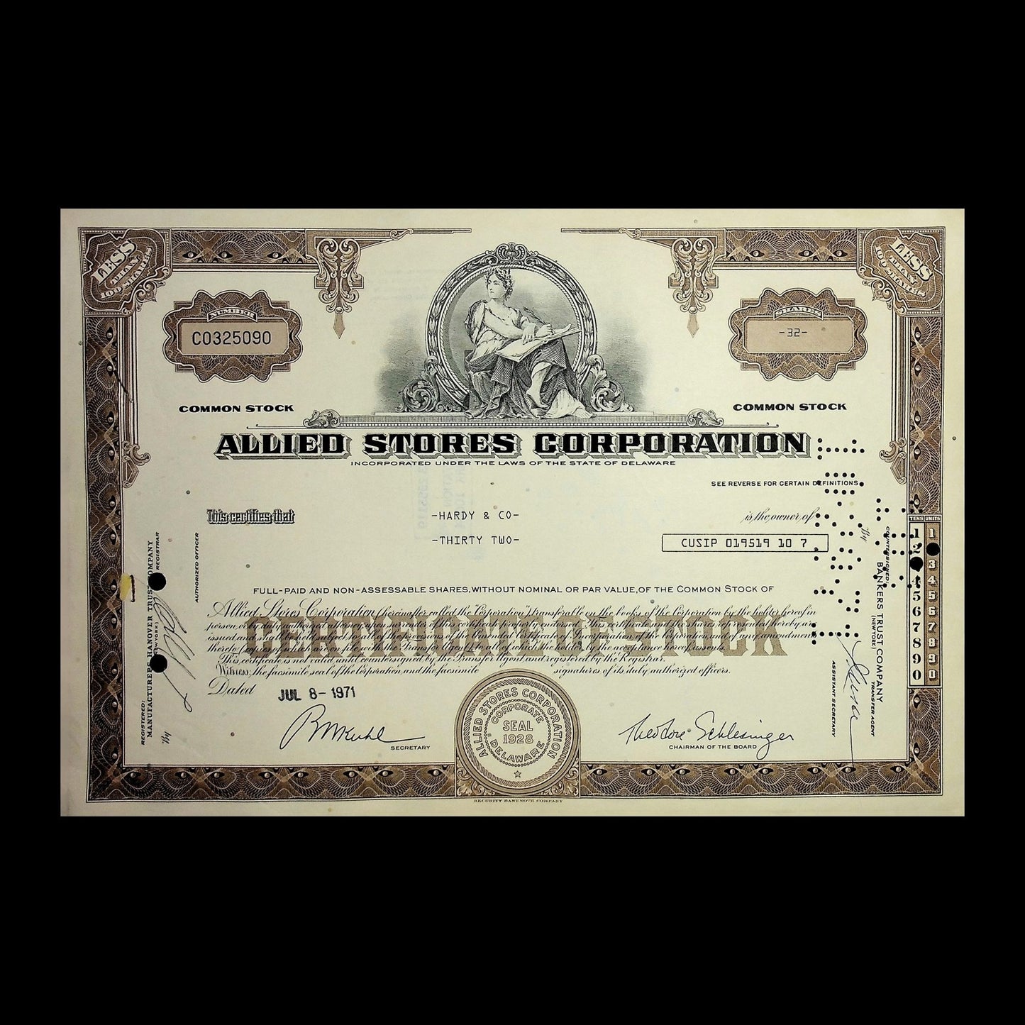 Allied Stores Corp (now Macy's) 1970 Stock Certificate