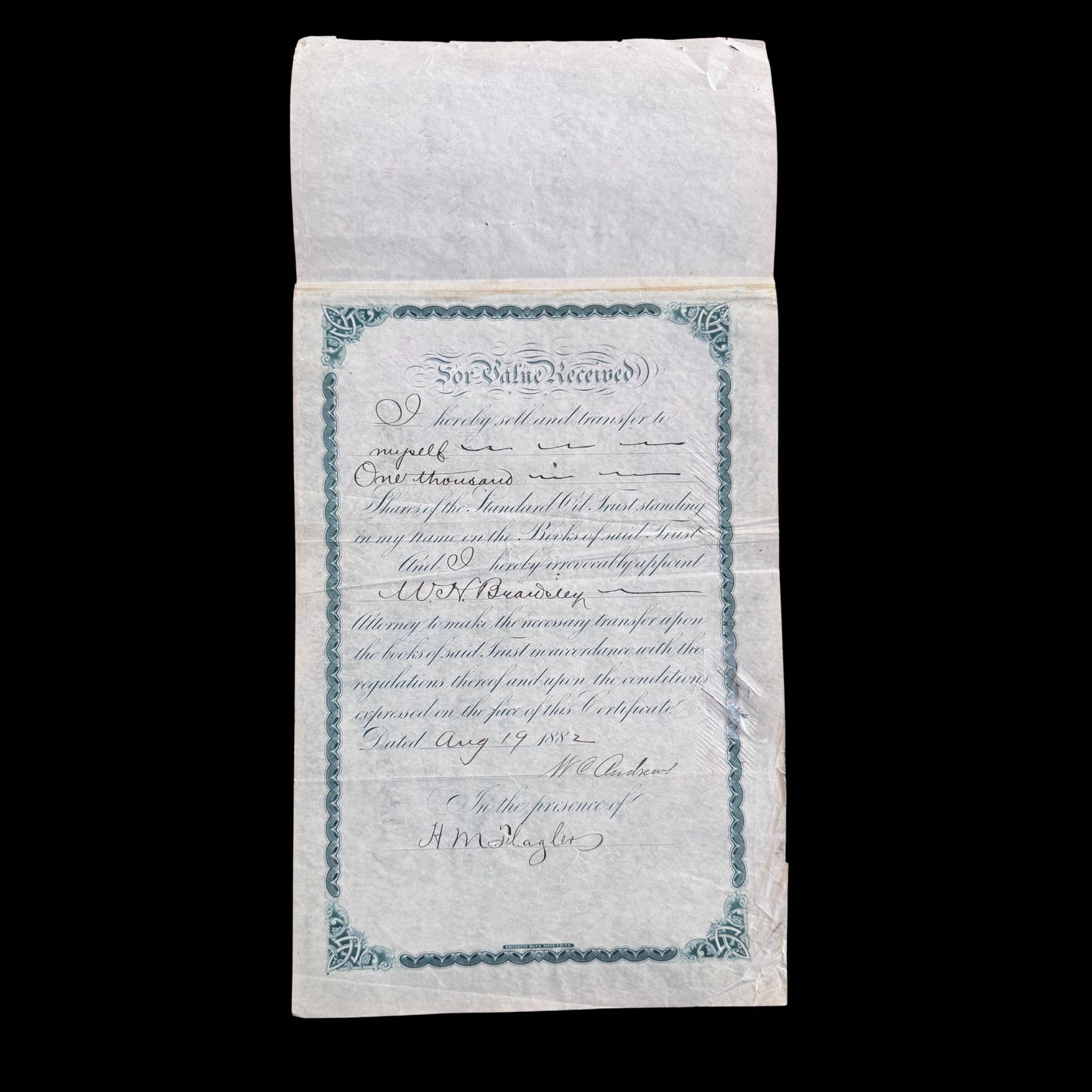 Standard Oil Trust Stock Certificate signed by John D Rockefeller and Henry Flagler from 1882