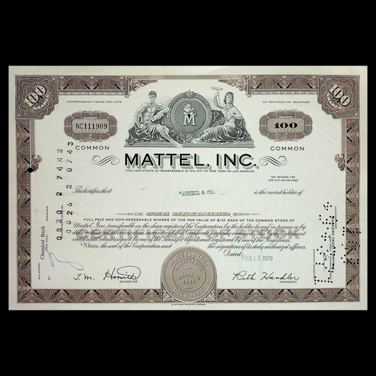 美泰公司股票证书（玩具公司）$MAT，20 世纪 70 年代