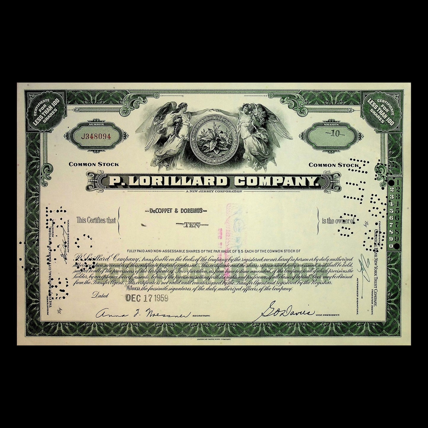 P. Lorillard Company (Tobacco & Cigarettes Kool, Newport, Old Gold) Stock Certificate from 1950s (Green)