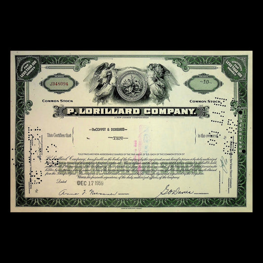 P. Lorillard Company (Tobacco & Cigarettes Kool, Newport, Old Gold) Stock Certificate from 1950s (Green)