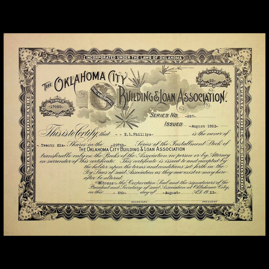 Oklahoma City Building & Loan Association Stock Certificate from 1923