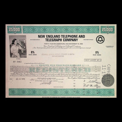 New England Telephone and Telegraph Company Stock Certificate from 1970s – Multi-Color