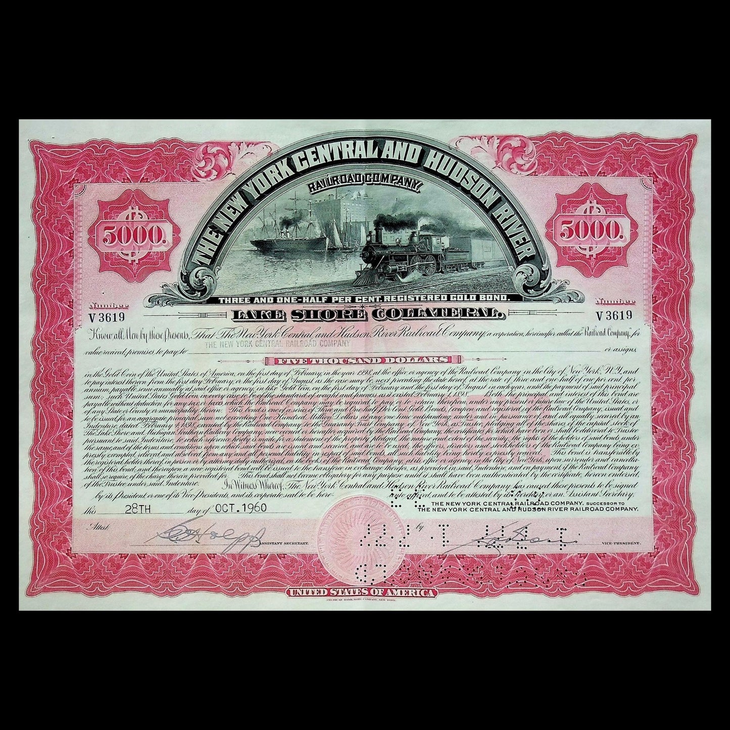 Large New York Central and Hudson River Railroad Company Bonds from 1950s (6 color options)