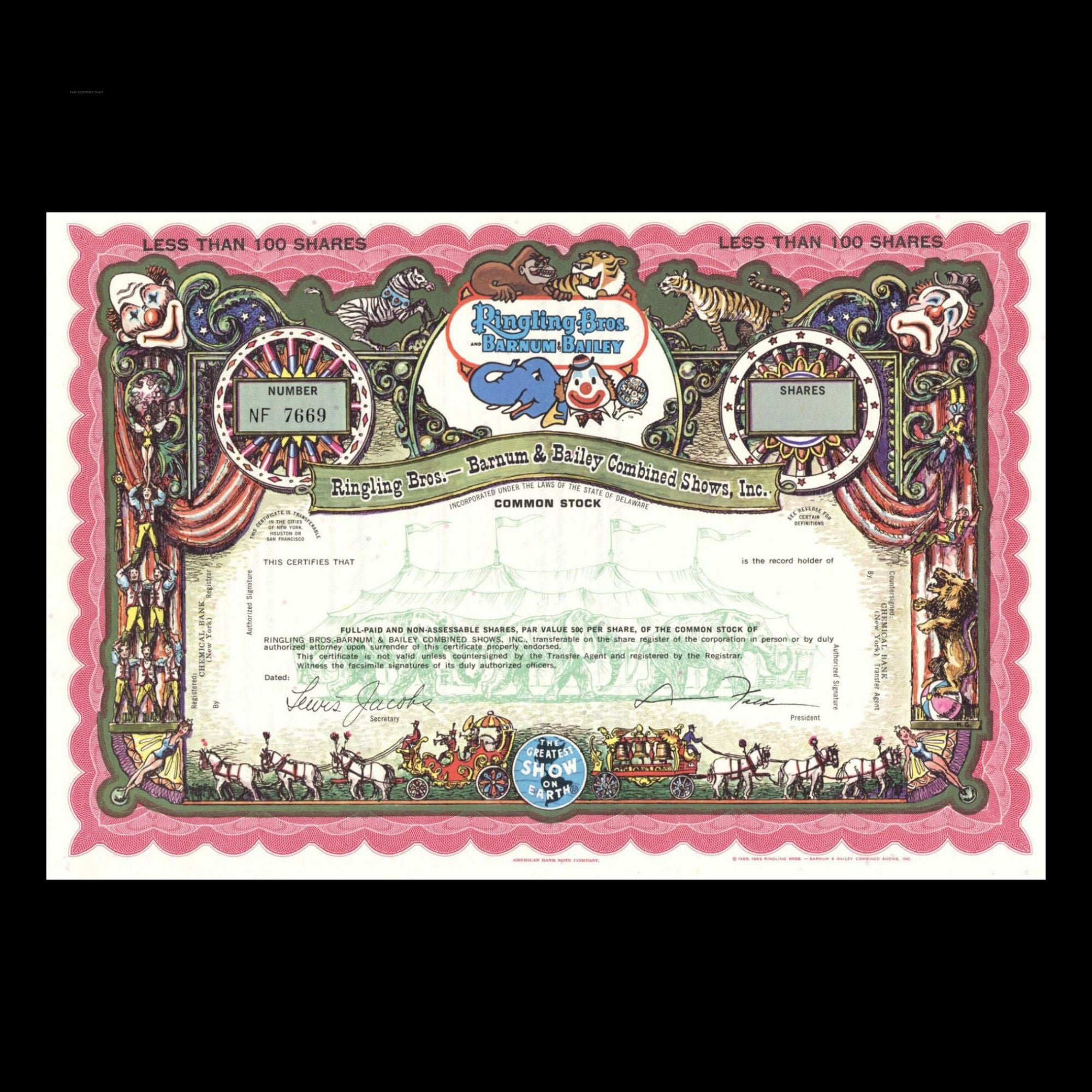 Ringling Bros. Barnum Bailey Circus Stock Certificate - Blank Replica Postcard