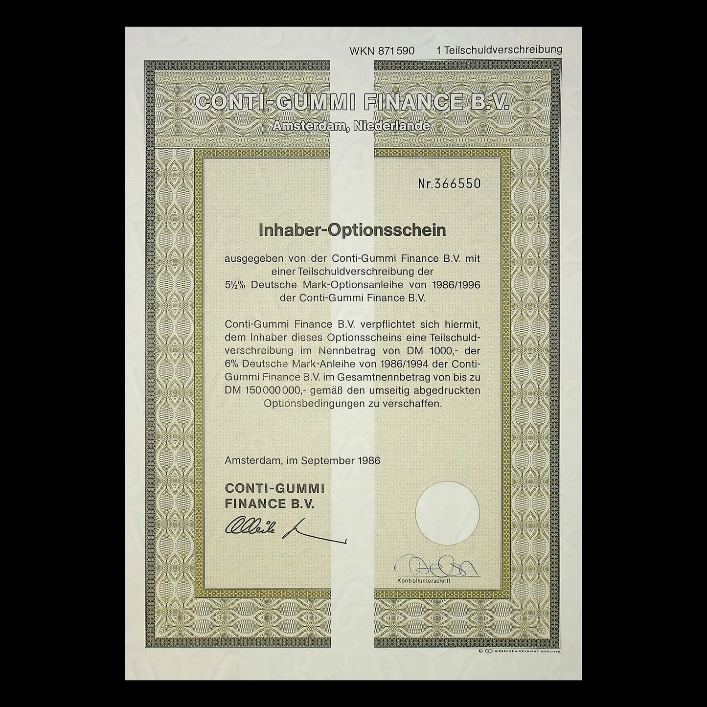 Conti-Gummi Finance B.V (Netherlands) - Warrant Certificate in German from 1986