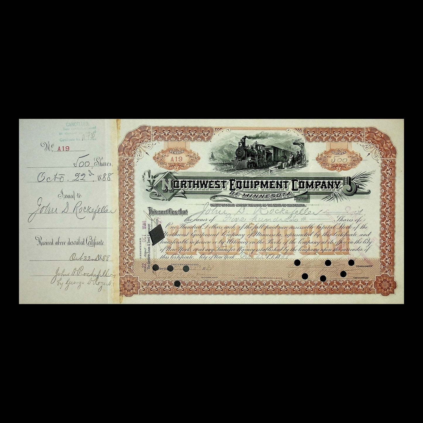 Signed by John D Rockefeller - Northwest Equipment Company Stock Certificate from 1888