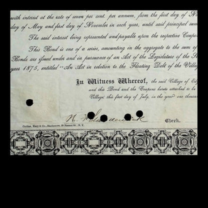 Village of Edgewater (Staten Island, NY) Municipal Bond from 1875