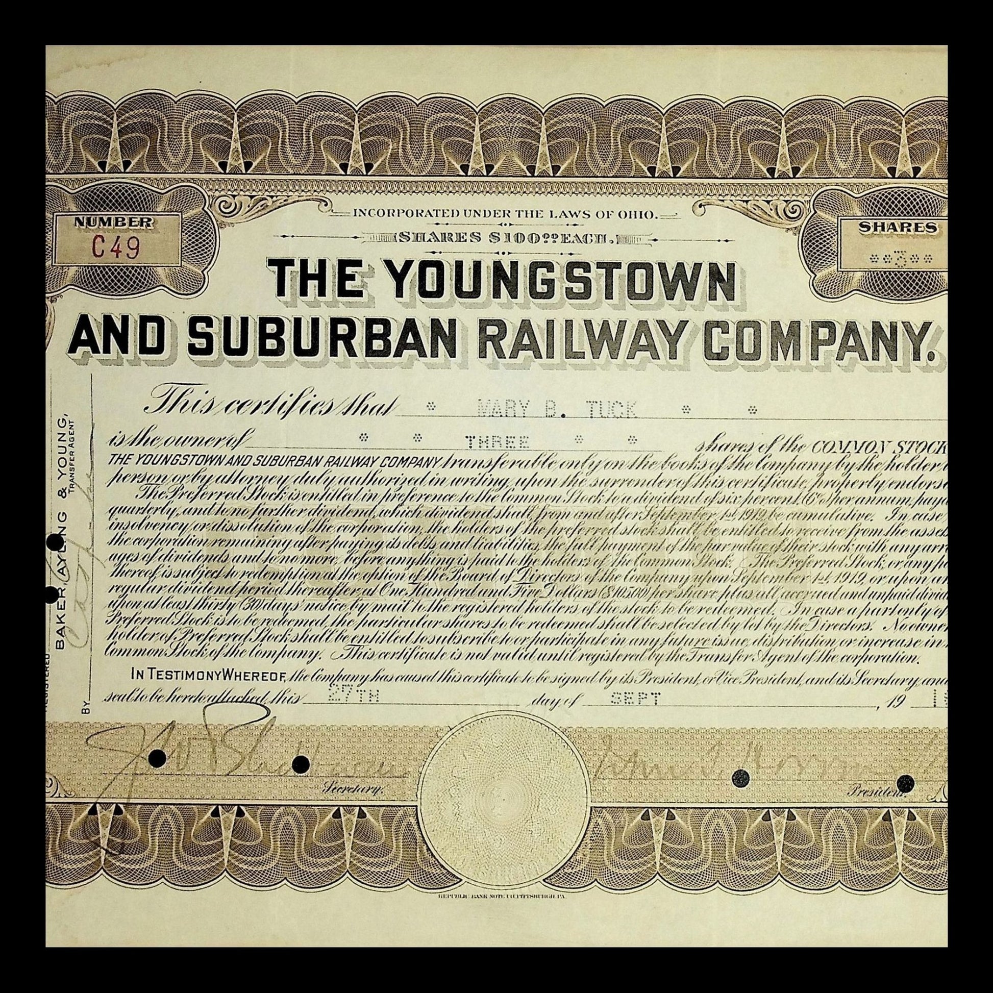 Youngstown and Suburban Railway Company Stock Certificate from 1915