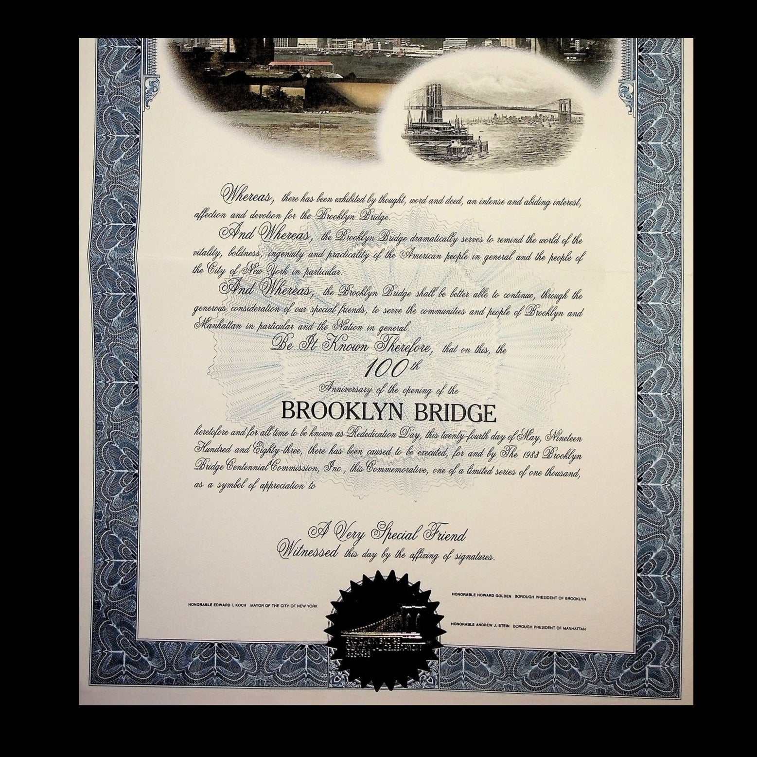 City of New York Brooklyn Bridge 100th Anniversary Certificate 1983