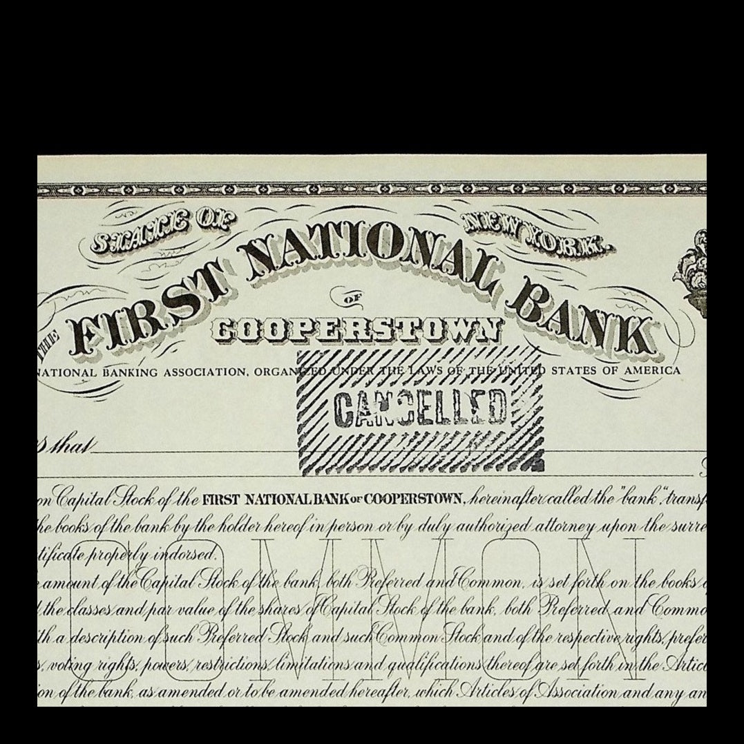 First National Bank of Cooperstown Stock Certificate from 1900