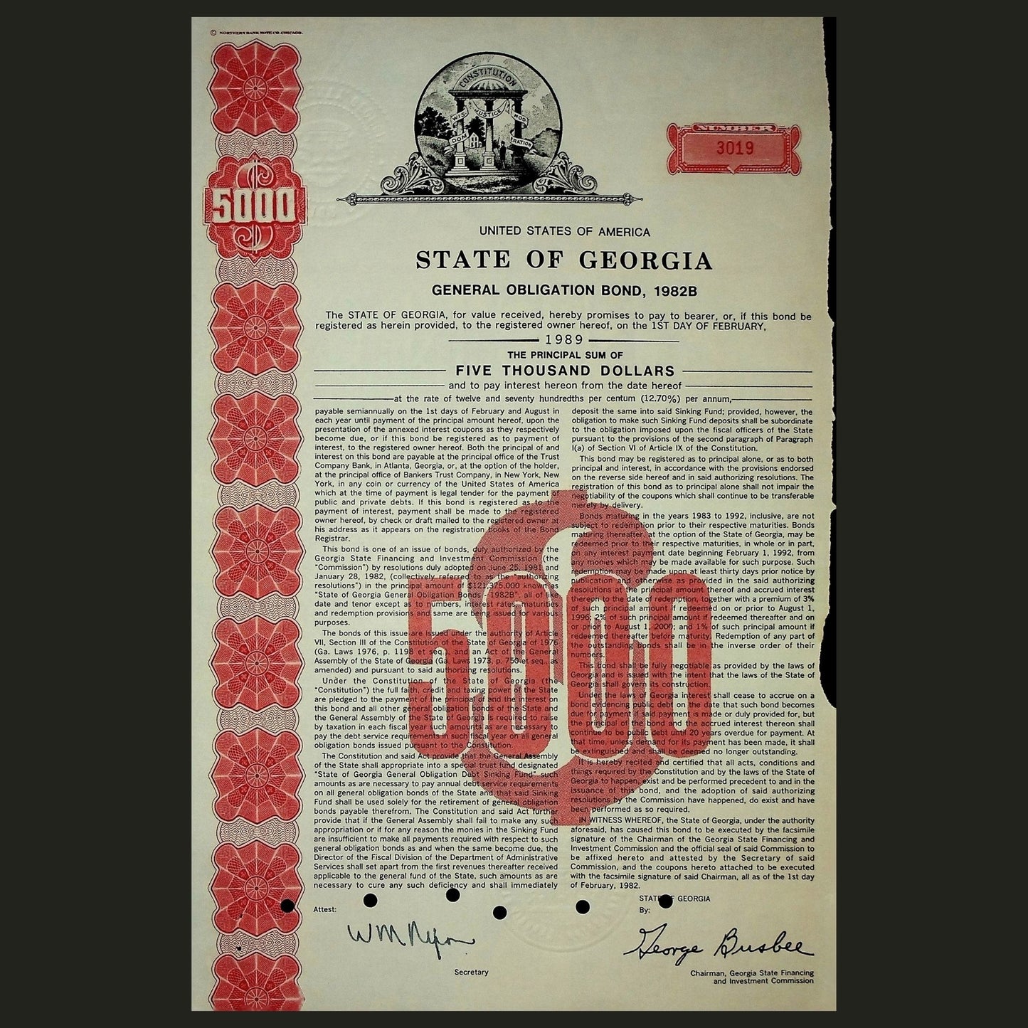 State of Georgia Bond Certificate from 1982