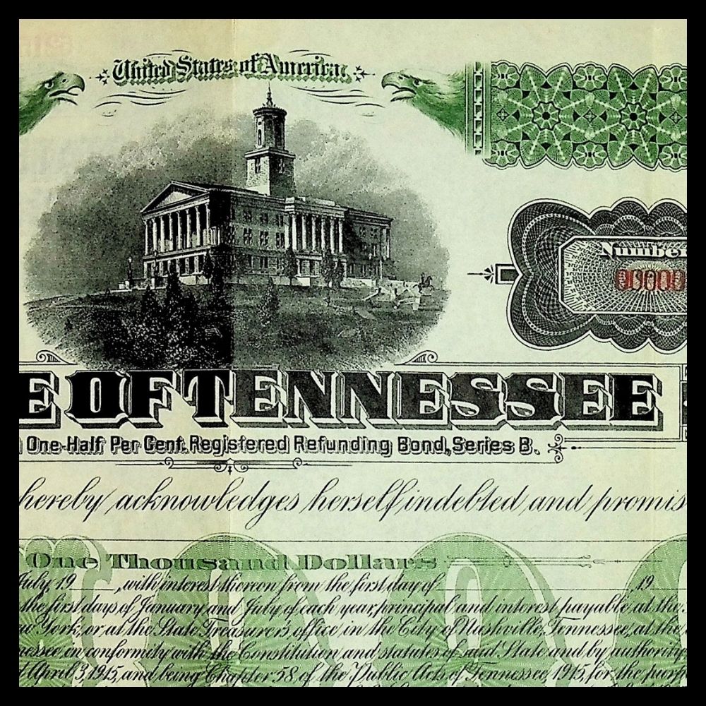 State of Tennessee Specimen Bond Certificate 1940s with State Capitol Building