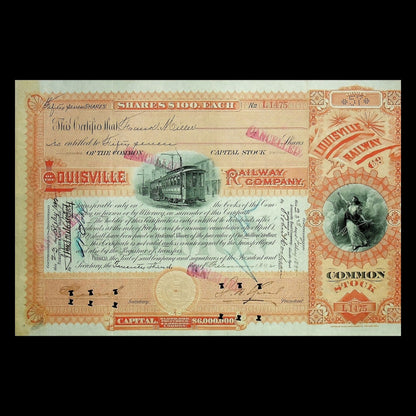 Louisville Railway Company Stock Certificate from 1890s - Kentucky Trolly