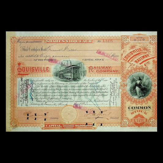 Louisville Railway Company Stock Certificate from 1890s - Kentucky Trolly