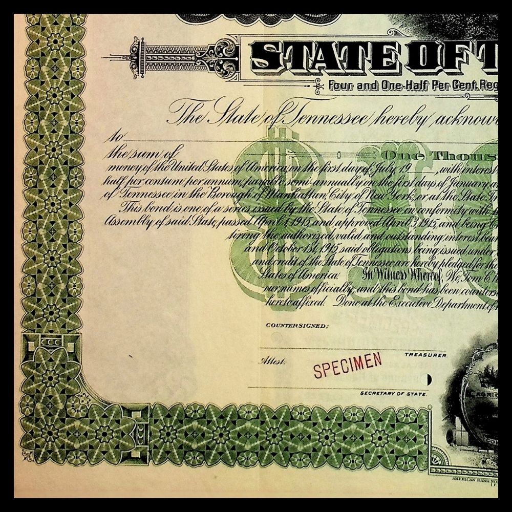 State of Tennessee Specimen Bond Certificate 1940s with State Capitol Building